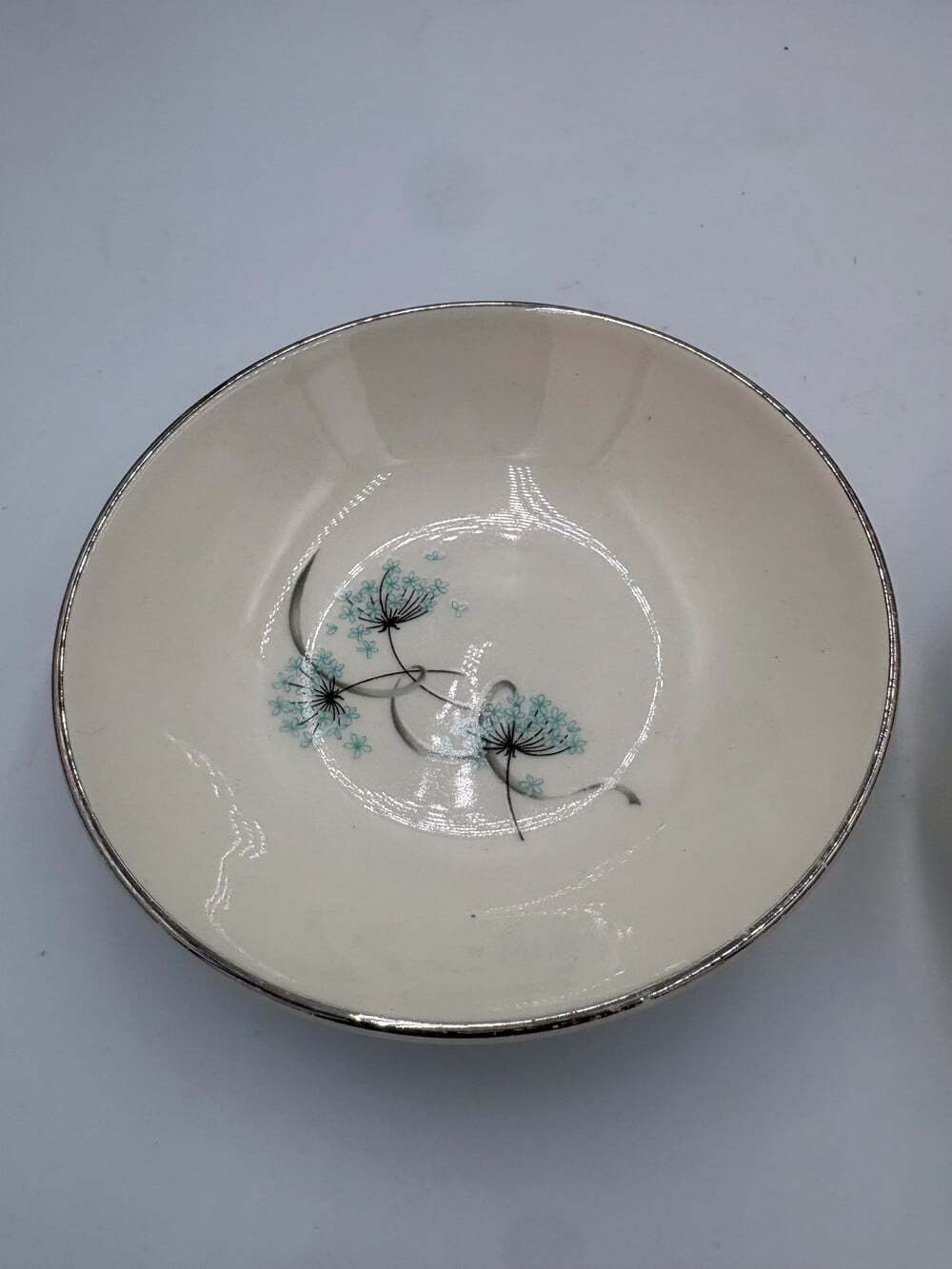 Vintage Mid Century Dandelion Bowls Set of 2 | Silver Rim Cream Ceramic | 1950s